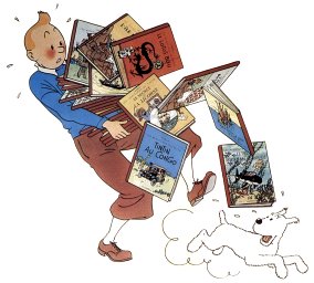 Casterman poster showing Tintin carrying lots of books
